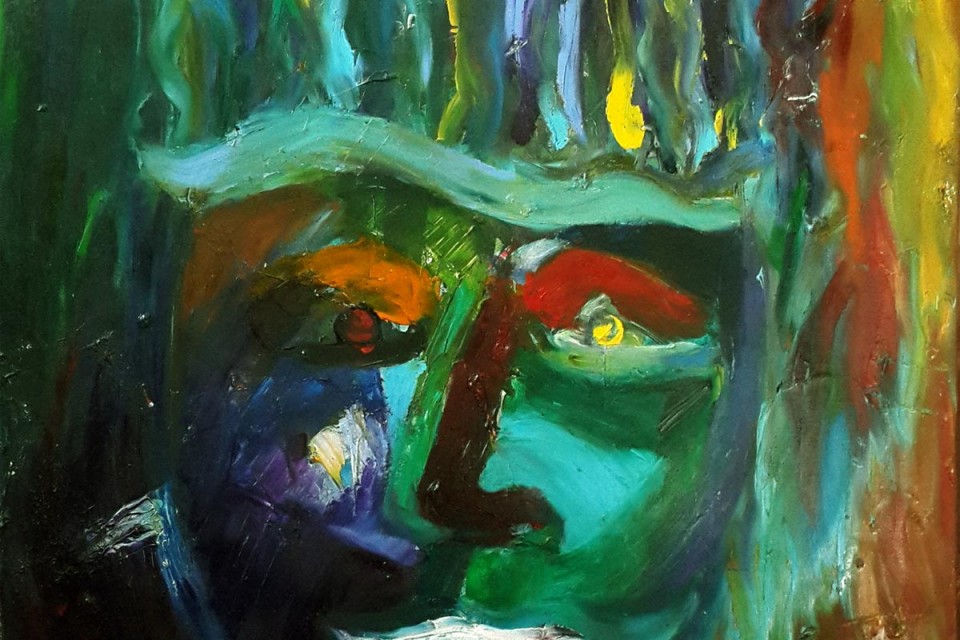 Face, colourful, face painting, abstract face painting, expressionistic, gestural , wild, strange, expressive face, laughing man, portrait, beauty spot, finger painting,
