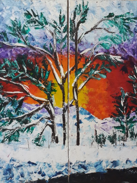 Colorful expressionism painting, colourful sunset, winter landscape, exploding colors, palm trees, snow forest, sun burst, twilight sky, winter landscape, wintery scenery, winter sunrise, icy sunset, woods in winter, colourful, energy, eye, power, empowering, powerful, road side, snow, snowing, sunrise, sunset, trees, twilight, vibrant, winter, woods, frozen tree, frozen sky, frozen sun, frozen, energy burst,