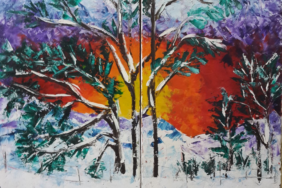 Colorful expressionism painting, colourful sunset, winter landscape, exploding colors, palm trees, snow forest, sun burst, twilight sky, winter landscape, wintery scenery, winter sunrise, icy sunset, woods in winter, colourful, energy, eye, power, empowering, powerful, road side, snow, snowing, sunrise, sunset, trees, twilight, vibrant, winter, woods, frozen tree, frozen sky, frozen sun, frozen, energy burst,
