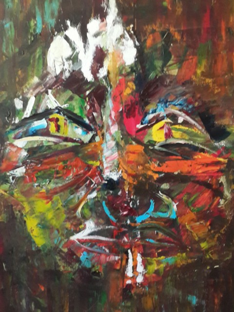 Colourful, man, face, portrait, smoking, man smoking, expressionistic painting, gestural painting, fauvism, facial expression, facial emotion, childlike painting, abstract face, glowing, dark, yellow eyes, mask, hiding, disguise, façade, concealed emotion, evil eyes, smoking a joint, doobie, glare, poison, stoned, stoner,
