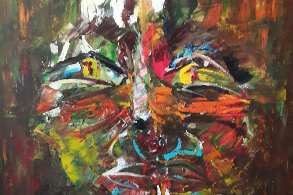 Colourful, man, face, portrait, smoking, man smoking, expressionistic painting, gestural painting, fauvism, facial expression, facial emotion, childlike painting, abstract face, glowing, dark, yellow eyes, mask, hiding, disguise, façade, concealed emotion, evil eyes, smoking a joint, doobie, glare, poison, stoned, stoner,