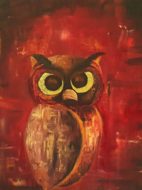 Owl, red owl, red painting, owl painting, perched owl, knowledge, red and black painting, expressive bird, bird painting, owl art, brush strokes, brushwork, sitting owl, looking owl, owl looking, owl thinking, bird of prey, blazing red painting, nature, black and red, oil painting, painting, painting of the day, interior design, room ideas, colorful artwork, artwork for sale, buy painting, painting for sale, wall art, daily painting, sell painting, interior ideas, wall design, room decor, living ideas, expressionistic painting, artistic painting,