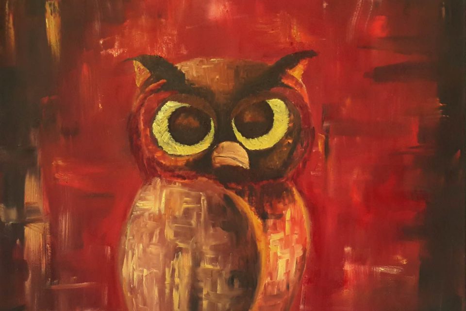 Owl, red owl, red painting, owl painting, perched owl, knowledge, red and black painting, expressive bird, bird painting, owl art, brush strokes, brushwork, sitting owl, looking owl, owl looking, owl thinking, bird of prey, blazing red painting, nature, black and red, oil painting, painting, painting of the day, interior design, room ideas, colorful artwork, artwork for sale, buy painting, painting for sale, wall art, daily painting, sell painting, interior ideas, wall design, room decor, living ideas, expressionistic painting, artistic painting,