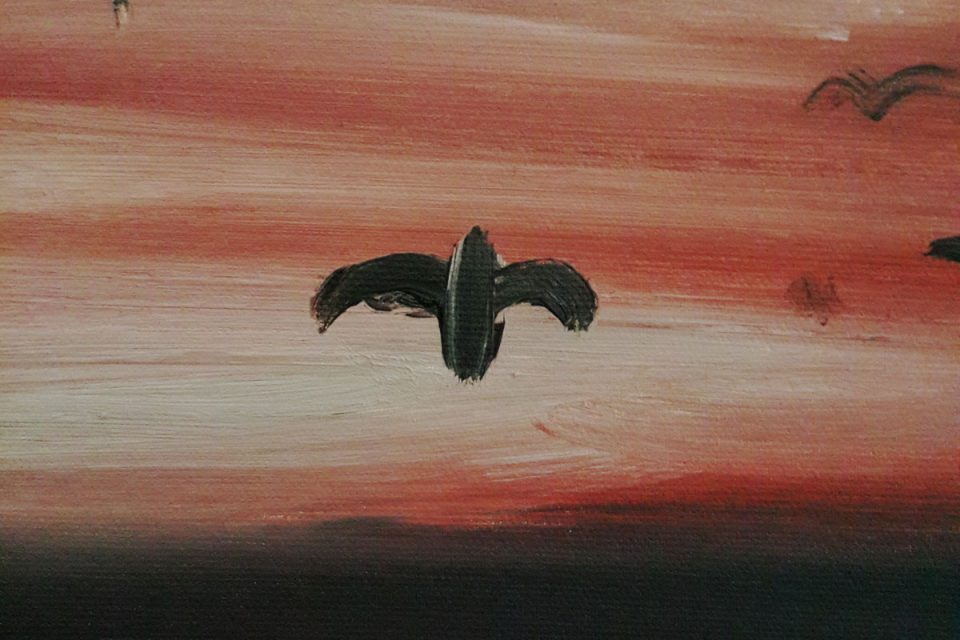 purple painting, seascape painting, tree painting, birds painting, birdsin flight painting, nature painting, landscape painting, migration painting, Birds migrating painting, birds migration painting, dusk painting, dawn painting, dawn breaking painting, daybreak painting, purple sky painting, sea and sky painting,