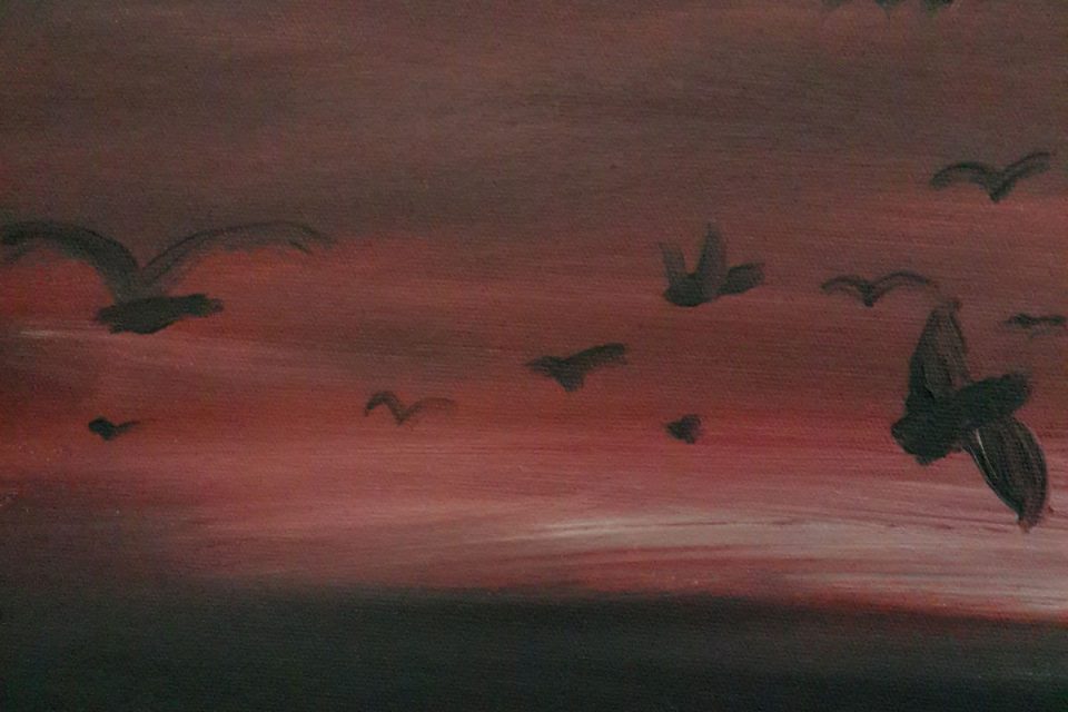 purple painting, seascape painting, tree painting, birds painting, birdsin flight painting, nature painting, landscape painting, migration painting, Birds migrating painting, birds migration painting, dusk painting, dawn painting, dawn breaking painting, daybreak painting, purple sky painting, sea and sky painting,