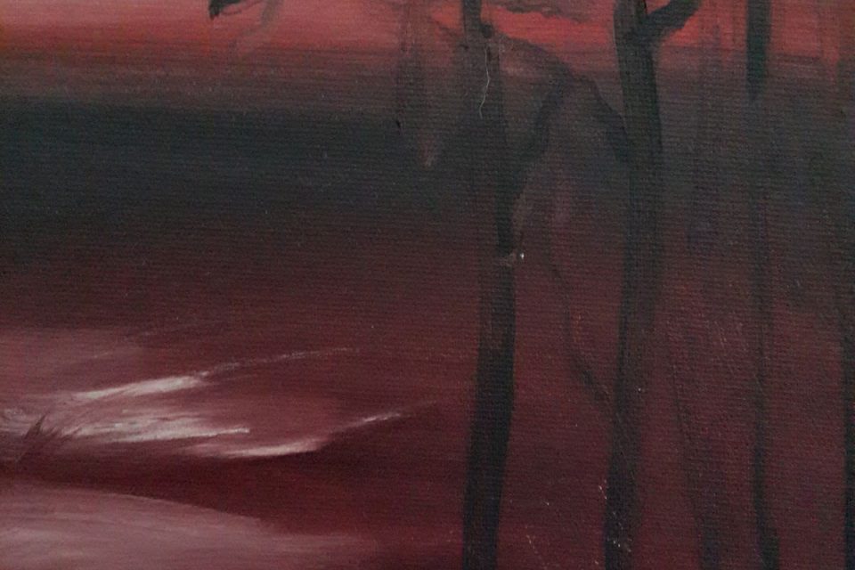 purple painting, seascape painting, tree painting, birds painting, birdsin flight painting, nature painting, landscape painting, migration painting, Birds migrating painting, birds migration painting, dusk painting, dawn painting, dawn breaking painting, daybreak painting, purple sky painting, sea and sky painting,