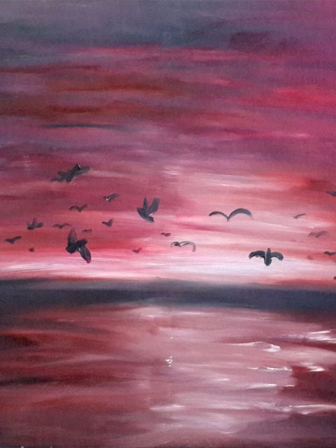 purple painting, seascape painting, tree painting, birds painting, birdsin flight painting, nature painting, landscape painting, migration painting, Birds migrating painting, birds migration painting, dusk painting, dawn painting, dawn breaking painting, daybreak painting, purple sky painting, sea and sky painting,