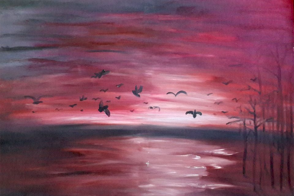 purple painting, seascape painting, tree painting, birds painting, birdsin flight painting, nature painting, landscape painting, migration painting, Birds migrating painting, birds migration painting, dusk painting, dawn painting, dawn breaking painting, daybreak painting, purple sky painting, sea and sky painting,